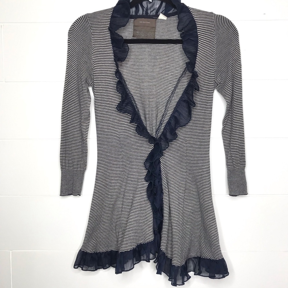 Anthropologie Navy Stripe Cardigan Ruffle Trim